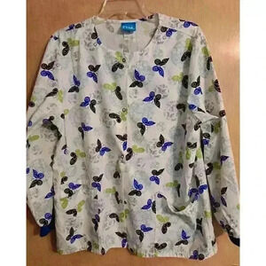 Scrubs H.Q M Scrub Top Jacket White Long Sleeve Snap Button Butterfly Pocket